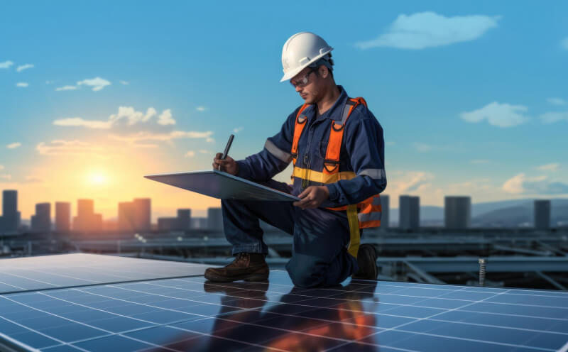 Worker on solar panels